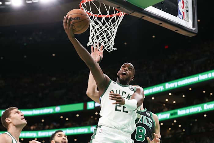 Milwaukee Bucks forward Khris Middleton (22) shoots during the second half against the Boston Celtics